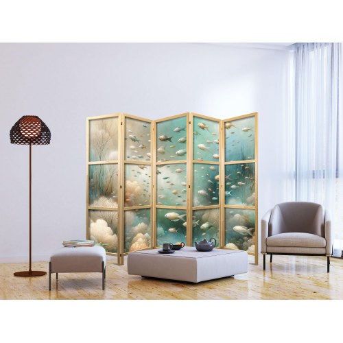 Japansk skærmvæg med undervandslandskab og fisk - 5-panel 225 x 172 cm