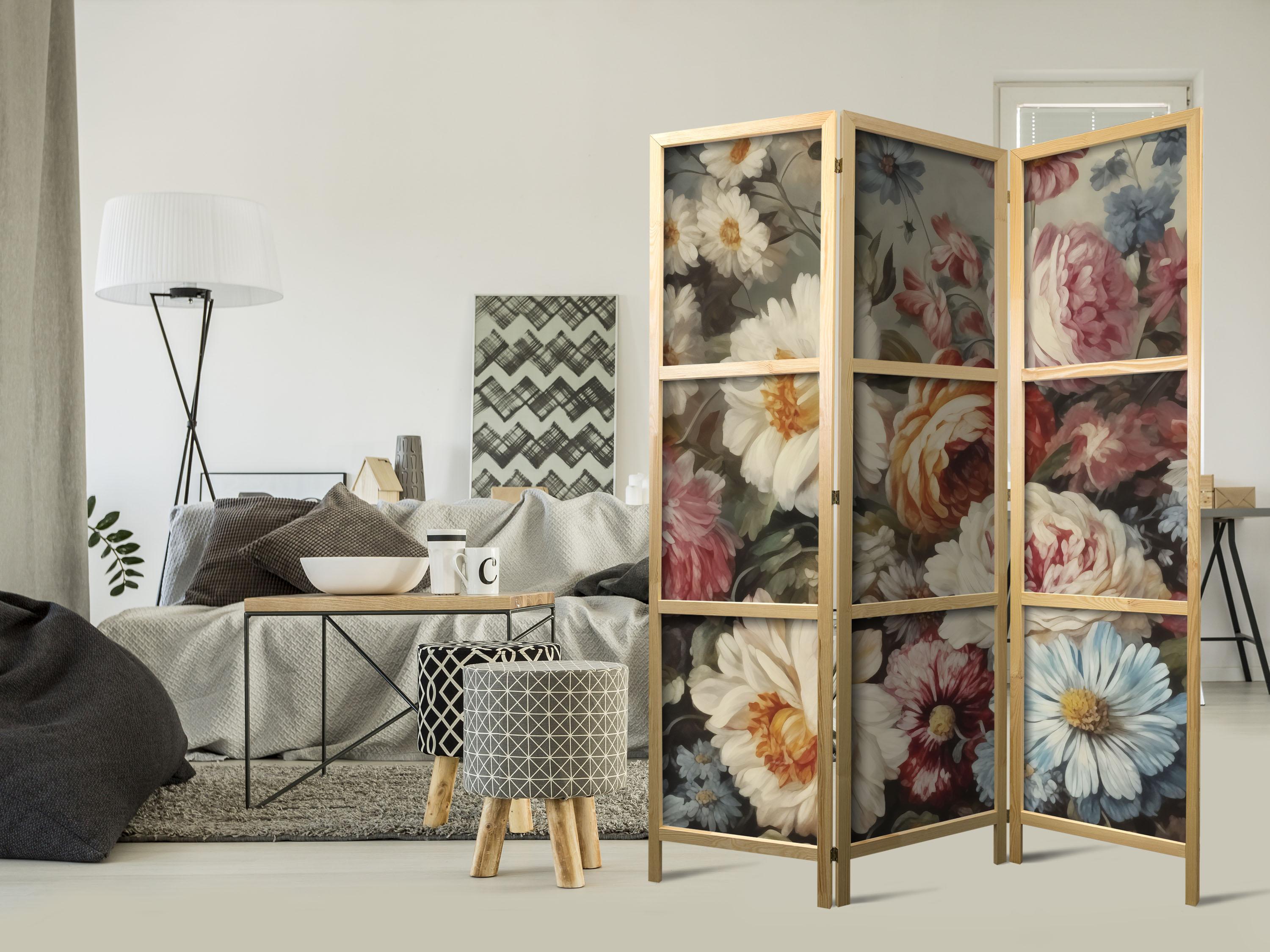 Japansk skærmvæg rumdeler 135 x 172 cm - Duft af natur med haveblomster i pastelfarver billede