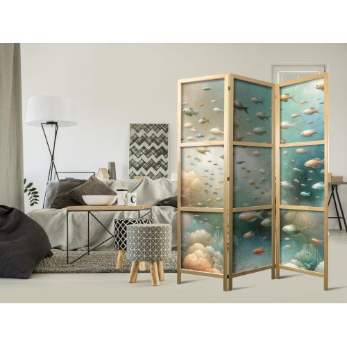 Japansk skærmvæg med undervandsmotiv og fisk 135 x 172 cm
