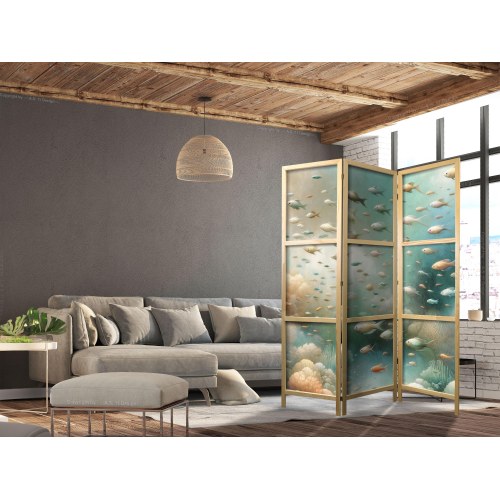 Japansk skærmvæg med undervandsmotiv og fisk 135 x 172 cm