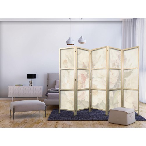 Japansk skærmvæg Blooming Peonies 225 x 172 cm - 5-panels rumdeler med blomster