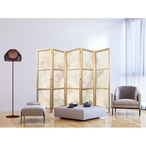 Japansk skærmvæg Blooming Peonies 225 x 172 cm - 5-panels rumdeler med blomster