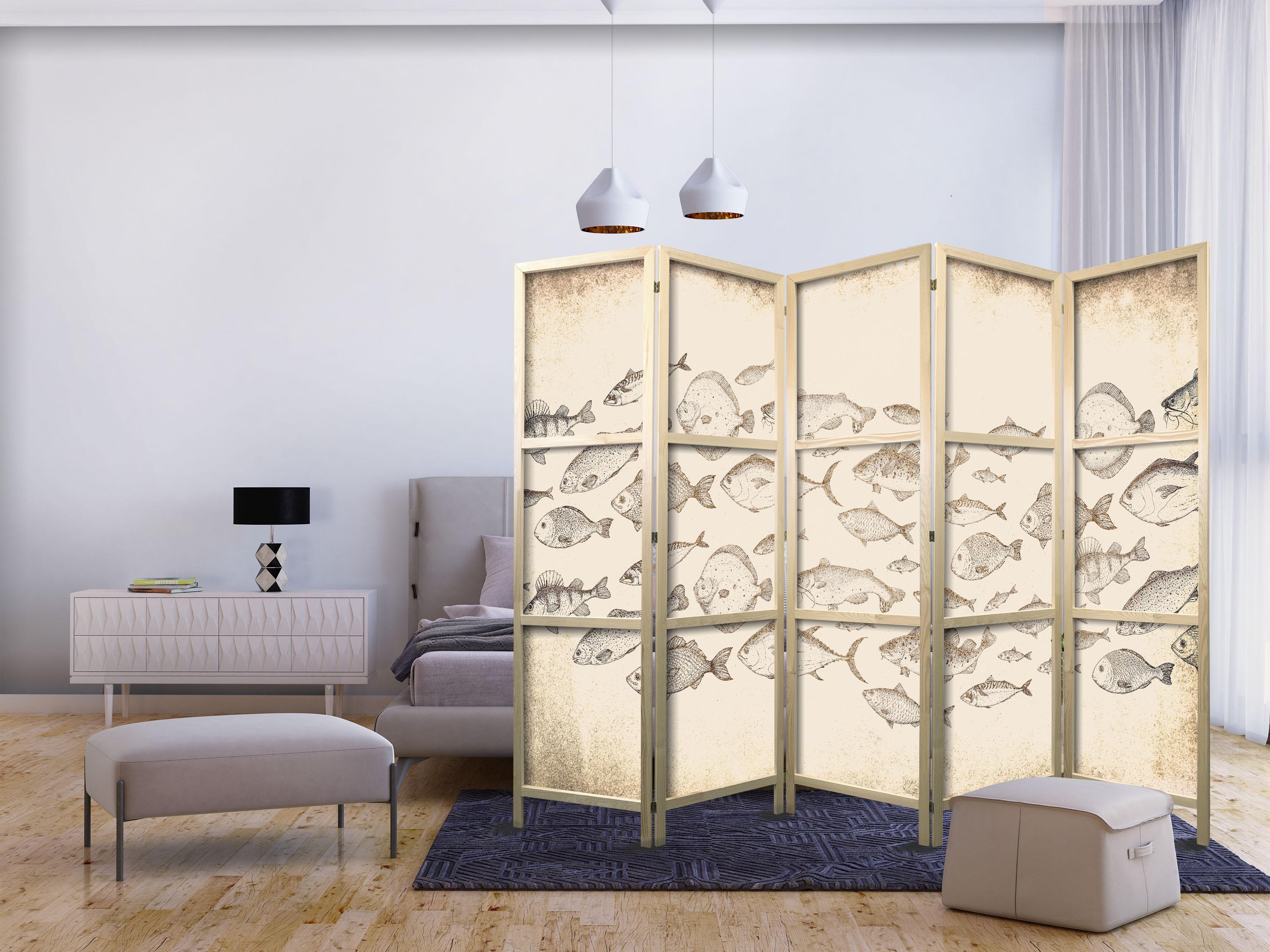 Japansk skærmvæg med fiskemotiv i vintage stil 225 x 172 cm billede