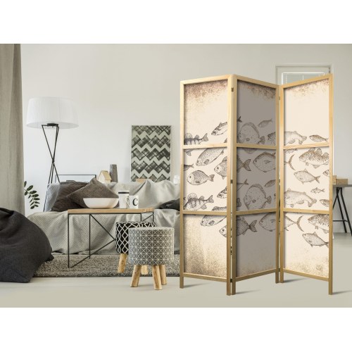 Japansk skærmvæg med fiskemotiv i vintage stil 135 x 172 cm