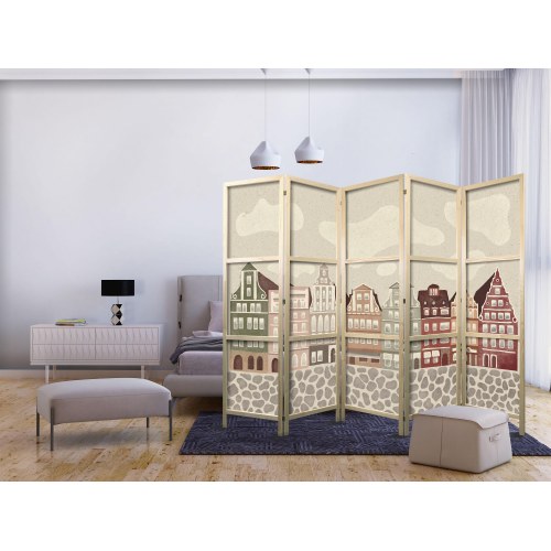 Japansk skærmvæg Solny Square - rumdeler til børn med farverige byhuse, 225 x 172 cm
