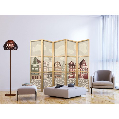 Japansk skærmvæg Solny Square - rumdeler til børn med farverige byhuse, 225 x 172 cm
