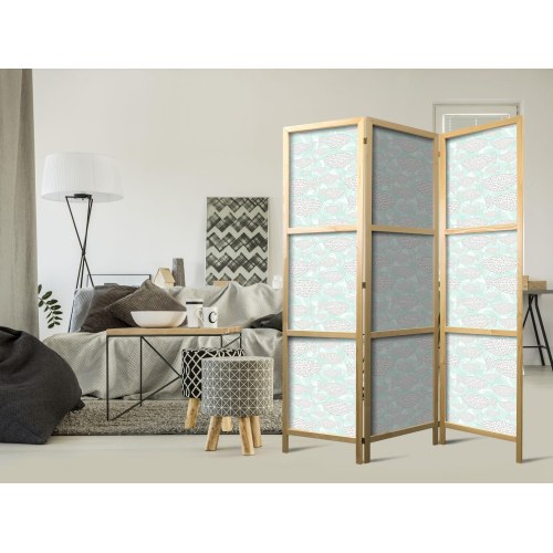 Japansk skærmvæg med minimalistiske fisk i mintgrøn - 135 × 172 cm