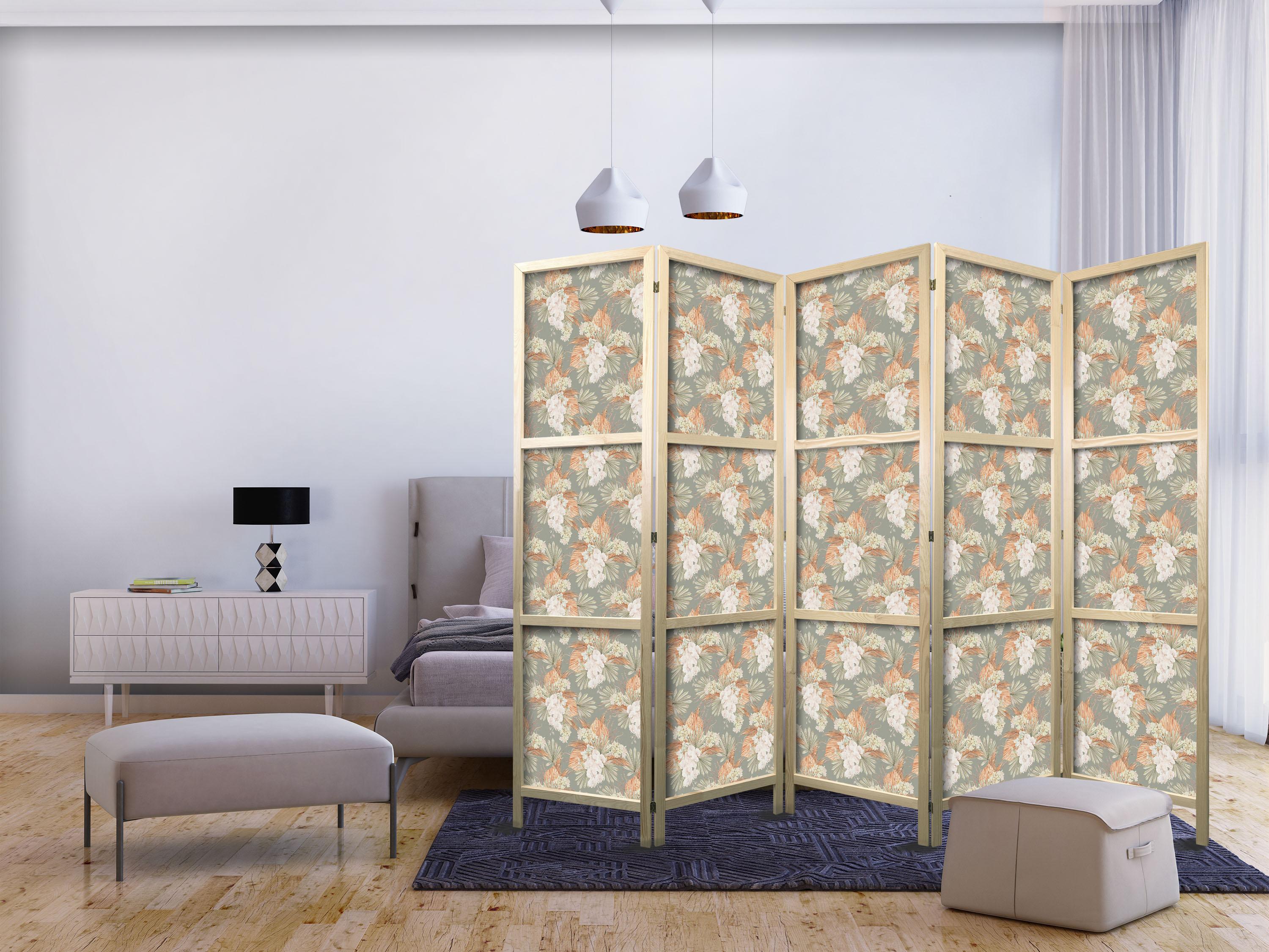 Japansk skærmvæg Little Bouquets - 5-panel rumdeler med eksotiske blomster og blade, 225 x 172 cm billede
