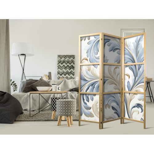Japansk skærmvæg rumdeler 3 paneler med barokke blomster - cremeblå 135 × 172 cm