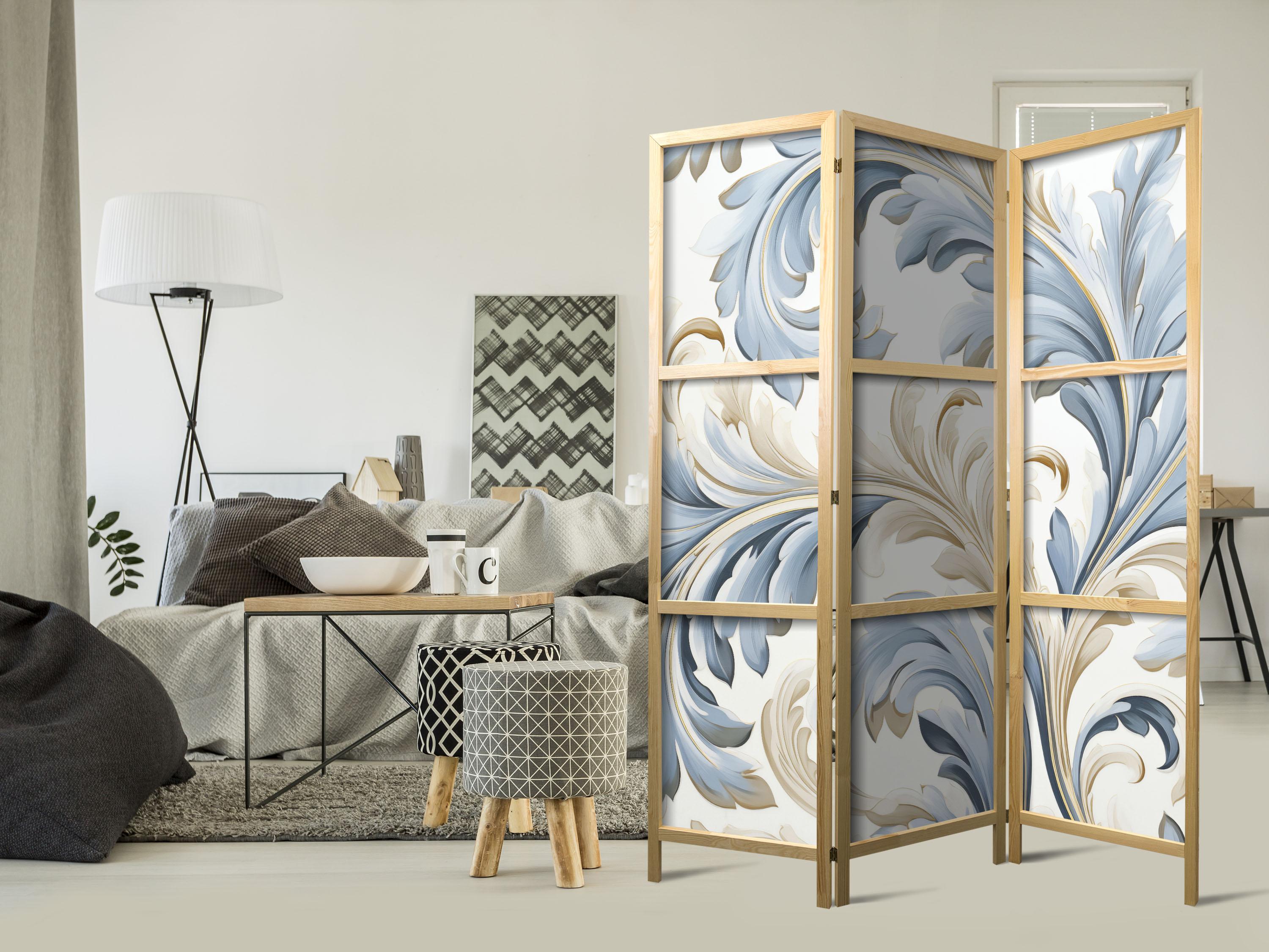 Japansk skærmvæg rumdeler 3 paneler med barokke blomster - cremeblå 135 × 172 cm billede