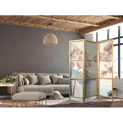 Japansk skærmvæg med landskab og hav - klipper og træer i sarte rosa nuancer, 135 x 172 cm
