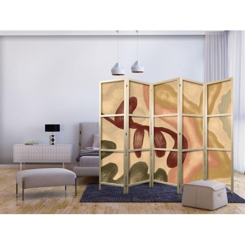 Japansk skærmvæg 5-paneler - Slidte figurer med former i kalkvaskteknik, varme farver 225 x 172 cm