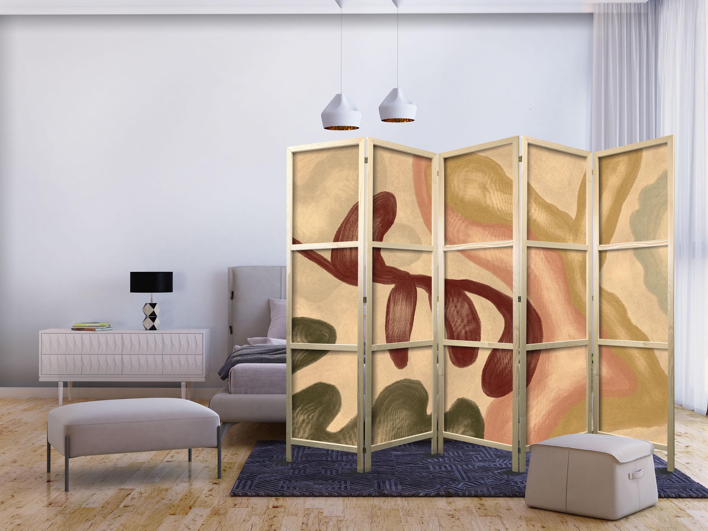 Japansk skærmvæg 5-paneler - Slidte figurer med former i kalkvaskteknik, varme farver 225 x 172 cm billede