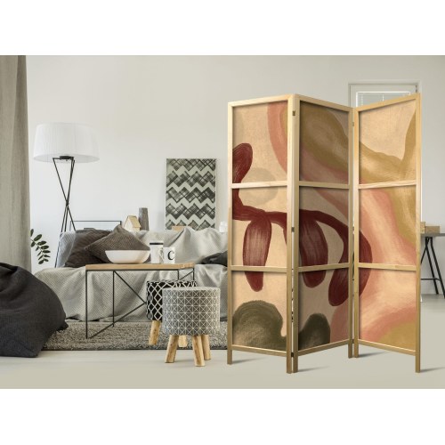 Japansk skærmvæg 3 paneler - Slidte figurer i limewash-teknik, varme farver 135 x 172 cm