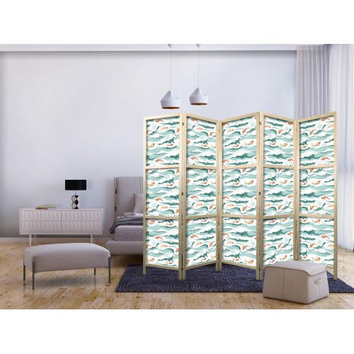 Japansk skærmvæg med fisk og bølger 225 x 172 cm