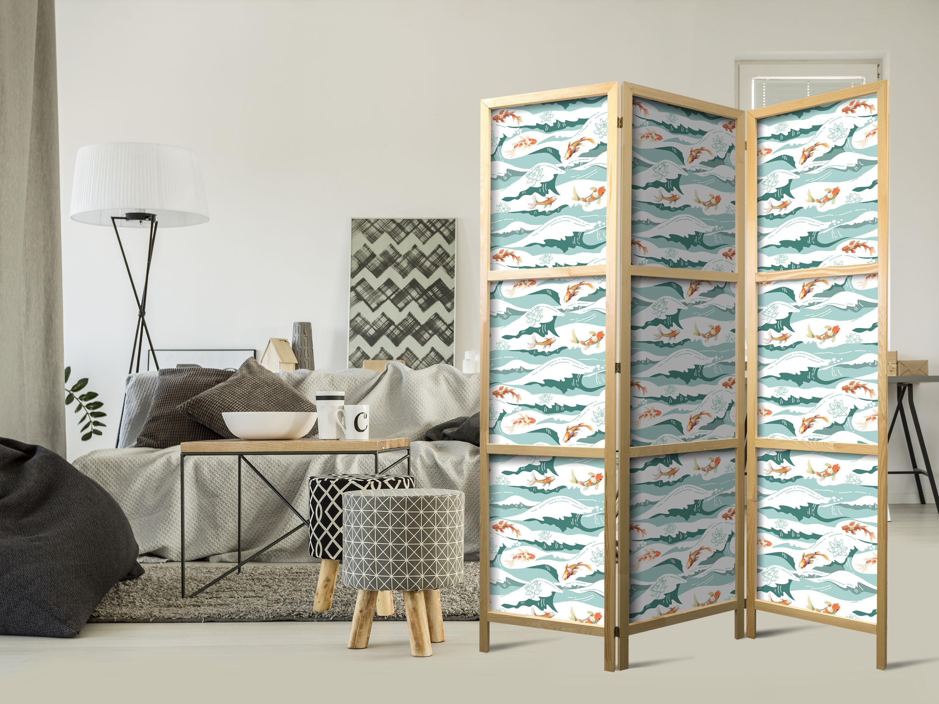 Japansk skærmvæg med fisk og bølger 135 x 172 cm billede