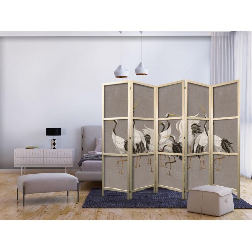 Japansk skærmvæg rumdeler 5 paneler 225 x 172 cm - Tranedans på varm grå baggrund