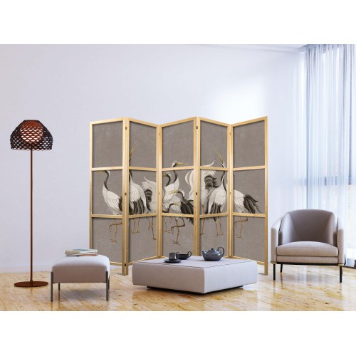 Japansk skærmvæg rumdeler 5 paneler 225 x 172 cm - Tranedans på varm grå baggrund