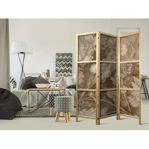 Japansk skærmvæg med blomster i sepia - 3 panels rumdeler 135 x 172 cm