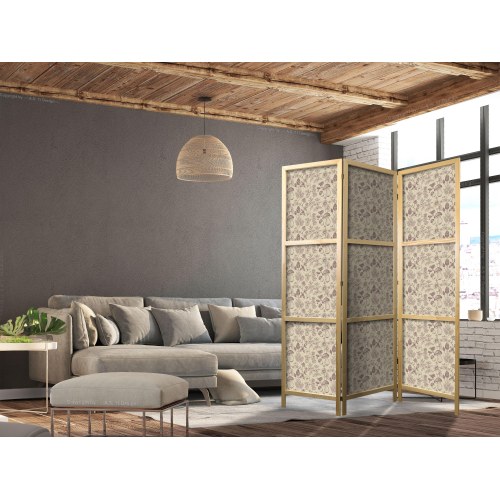 Japansk skærmvæg beige med skovmotiv - svampe, blomster og urter 135 x 172 cm