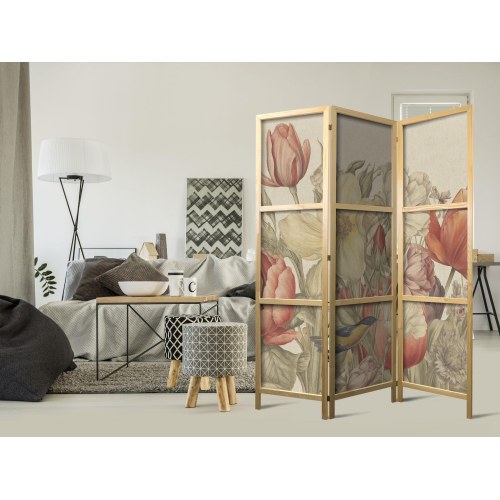 Japansk skærmvæg med tulipanbuket - farverige blomster, 135 x 172 cm