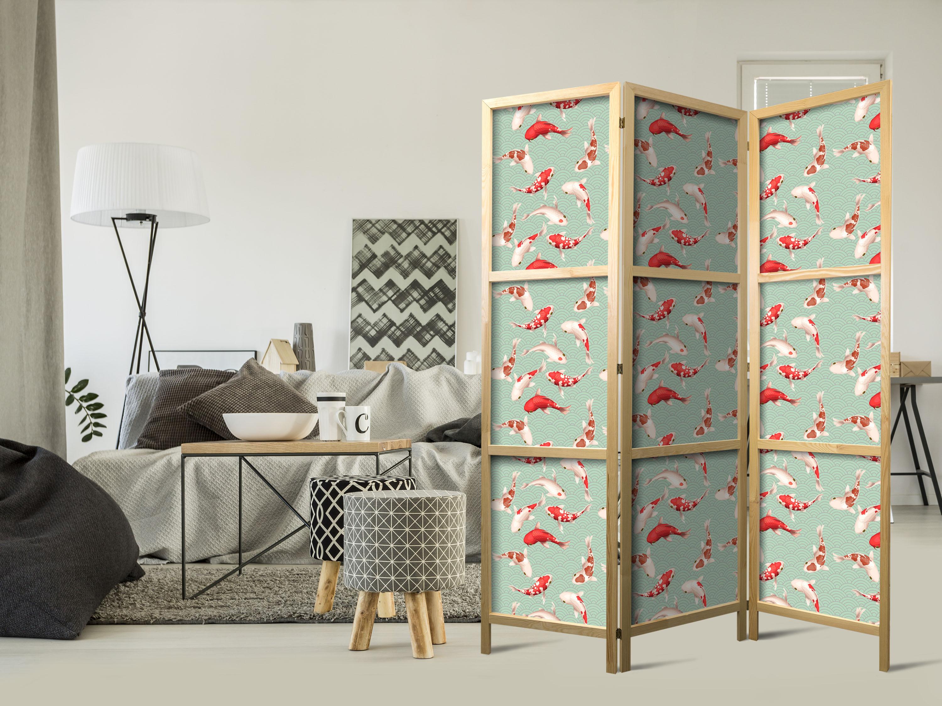 Japansk skærmvæg med koi fisk og orientalsk mønster - 3-panel rumdeler 135 x 172 cm billede