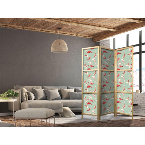 Japansk skærmvæg med koi fisk og orientalsk mønster - 3-panel rumdeler 135 x 172 cm