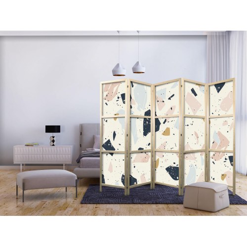 Japansk skærmvæg 5 paneler - Terrazzo med store sten i afdæmpede farver 225 x 172 cm
