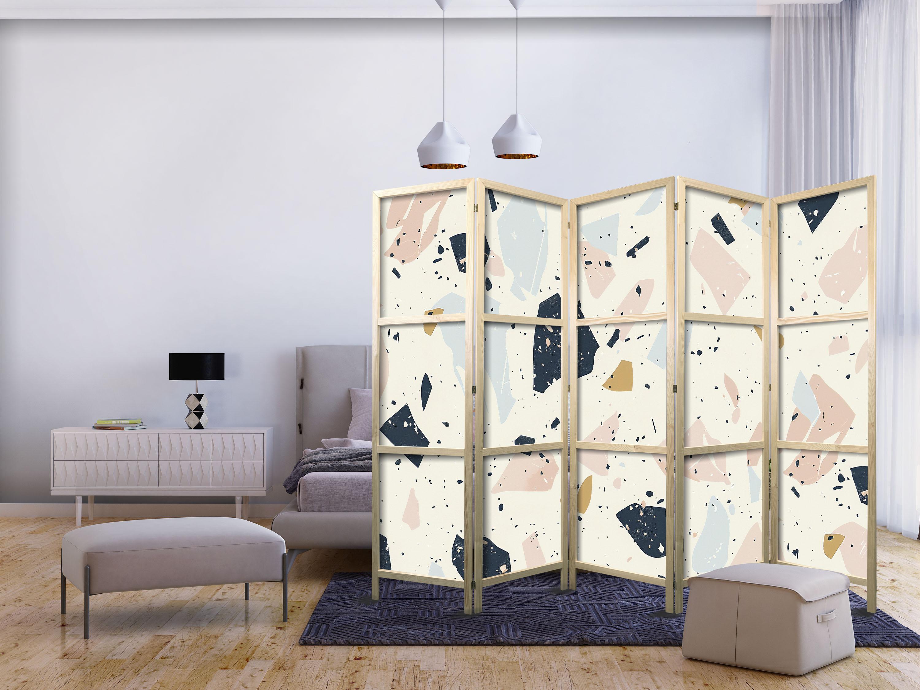 Japansk skærmvæg 5 paneler - Terrazzo med store sten i afdæmpede farver 225 x 172 cm billede