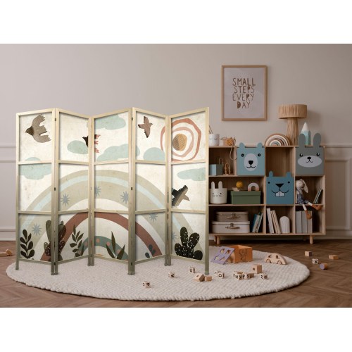 Japansk skærmvæg med regnbue og fugle til børn - 225 × 172 cm