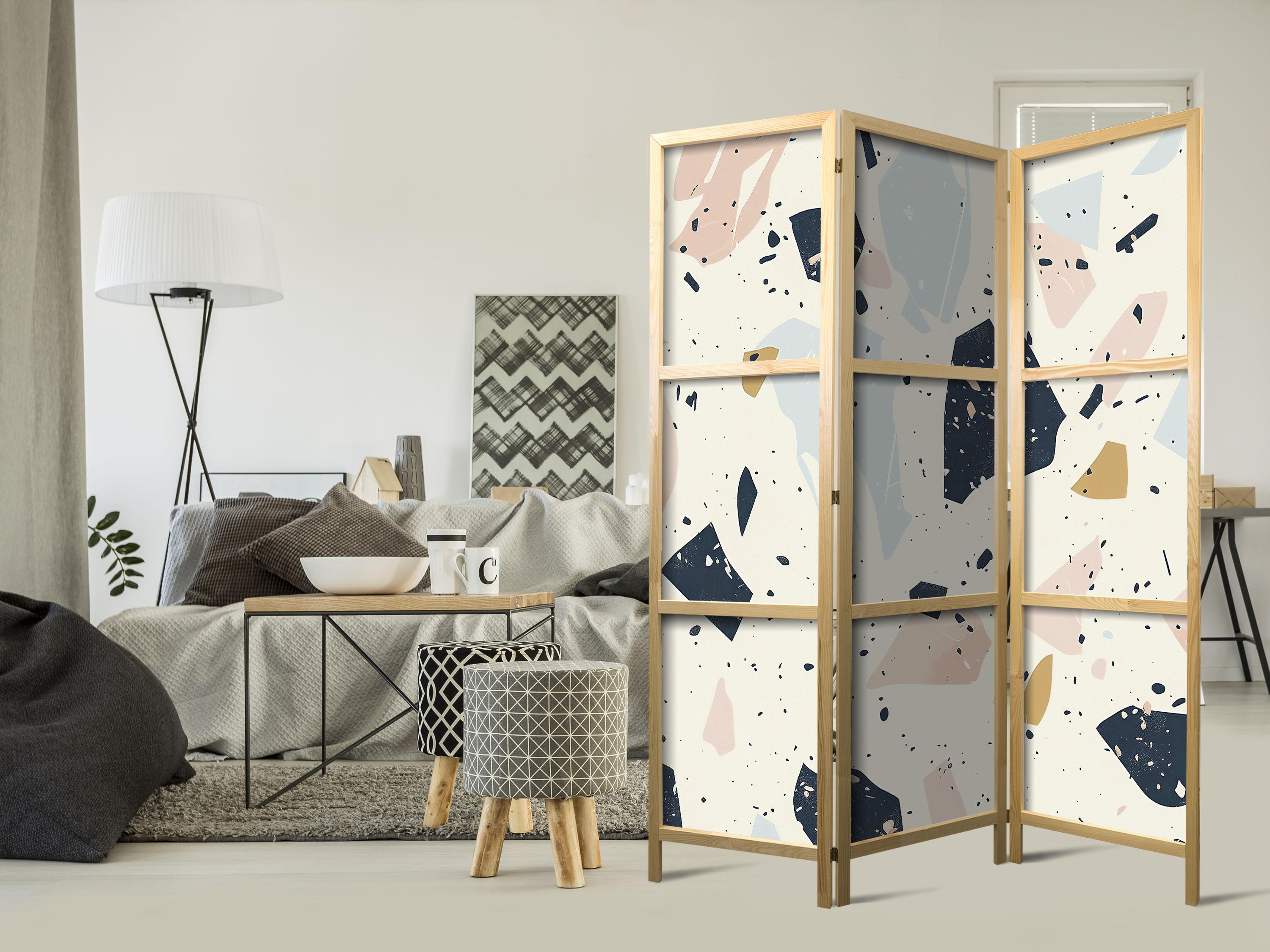 Japansk skærmvæg med terrazzo-design i afdæmpede farver 135 x 172 cm billede