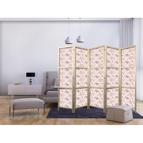 Japansk skærmvæg Pink Blossoming med blomster - 5 paneler 225 × 172 cm