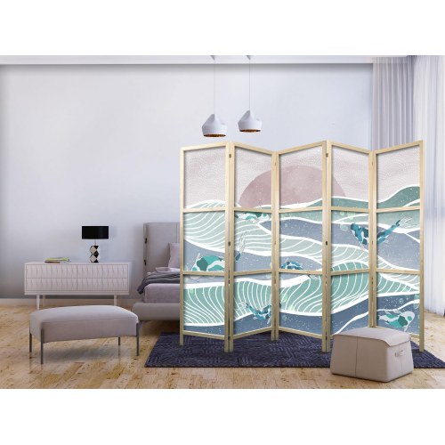 Japansk skærmvæg med koi-fisk 225 x 172 cm - 5-panel rumdeler