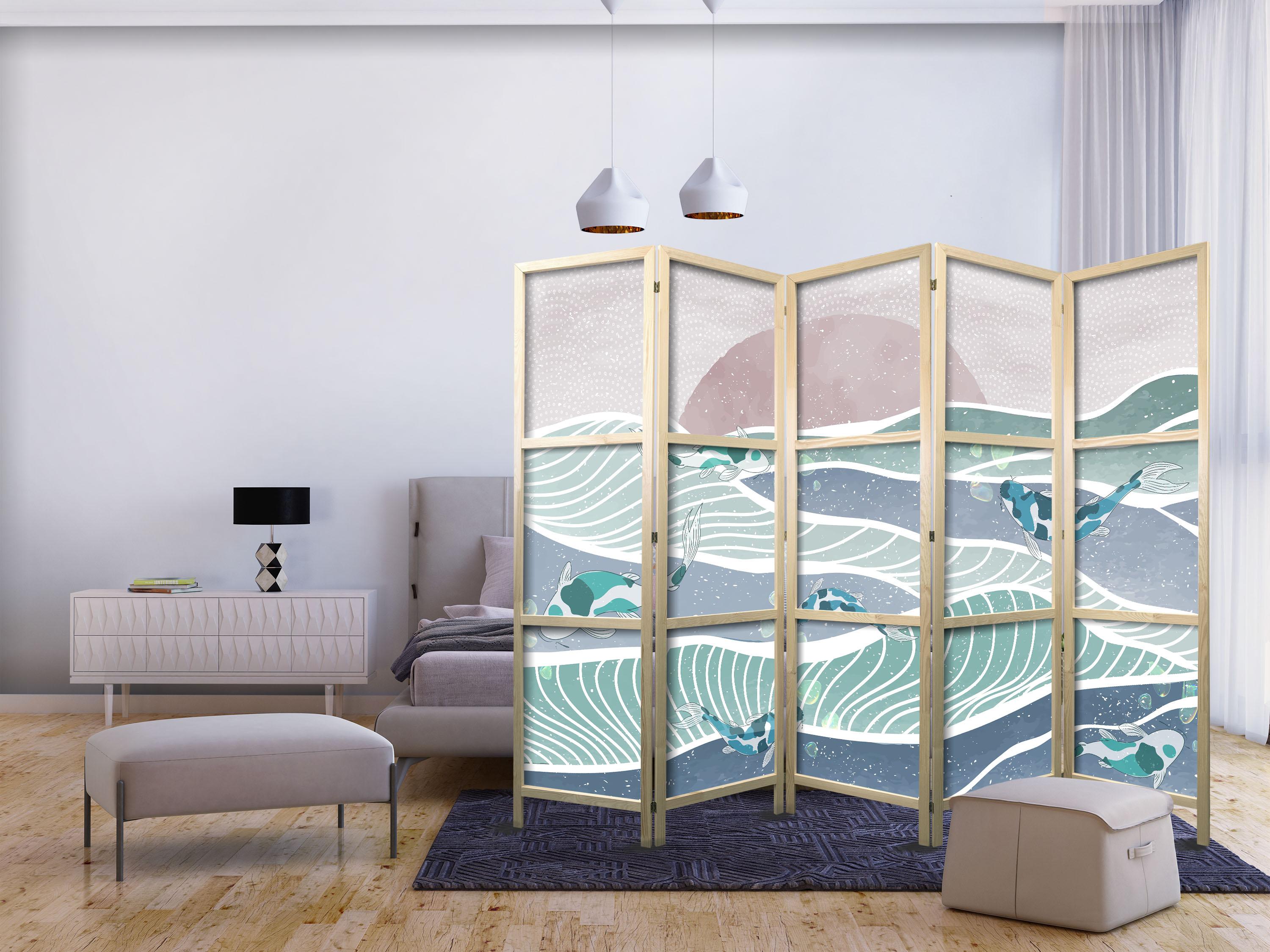 Japansk skærmvæg med koi-fisk 225 x 172 cm - 5-panel rumdeler billede