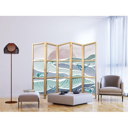 Japansk skærmvæg med koi-fisk 225 x 172 cm - 5-panel rumdeler