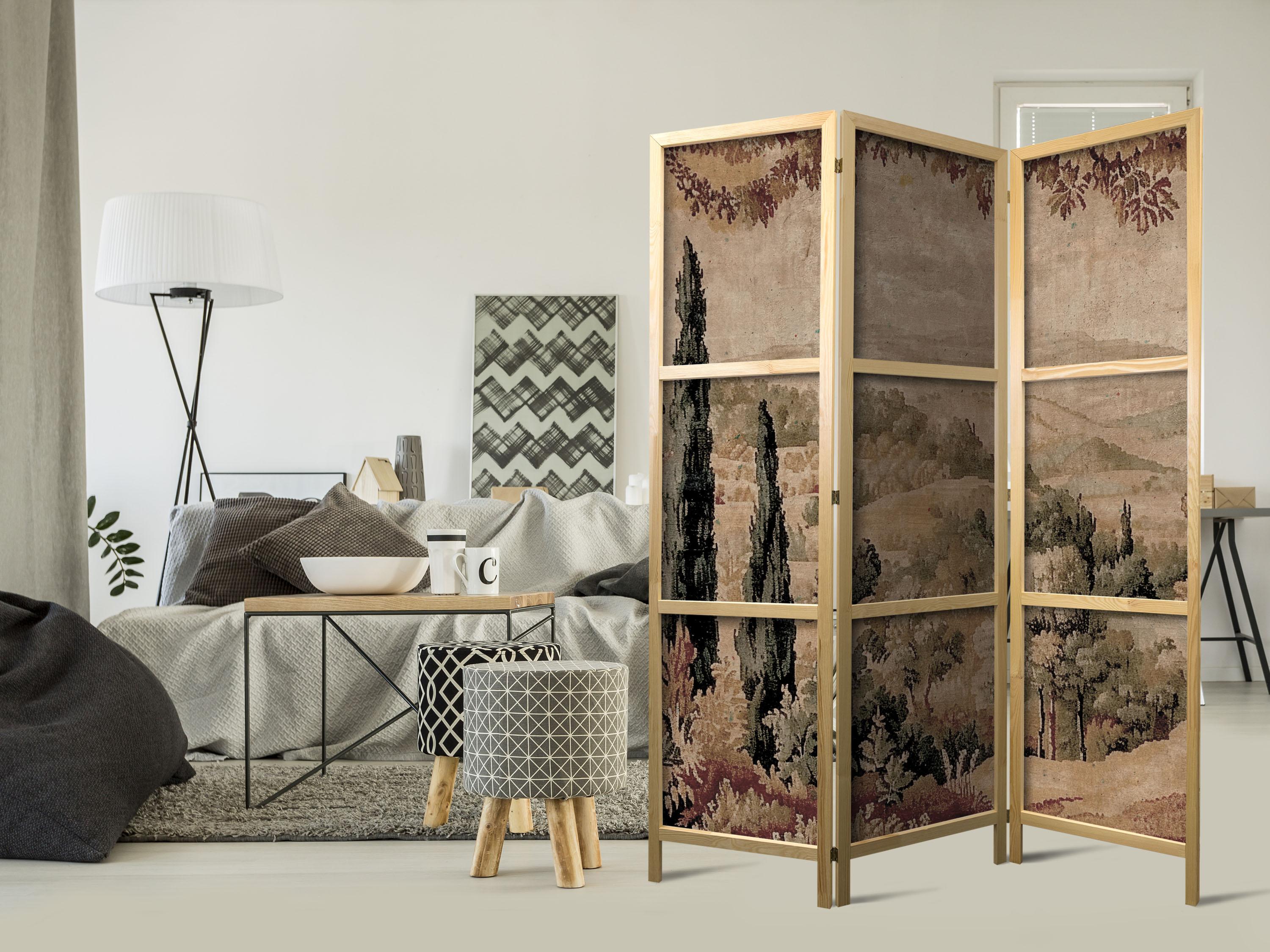 Japansk skærmvæg rumdeler 3 paneler - Landskab med cypresser 135 x 172 cm billede