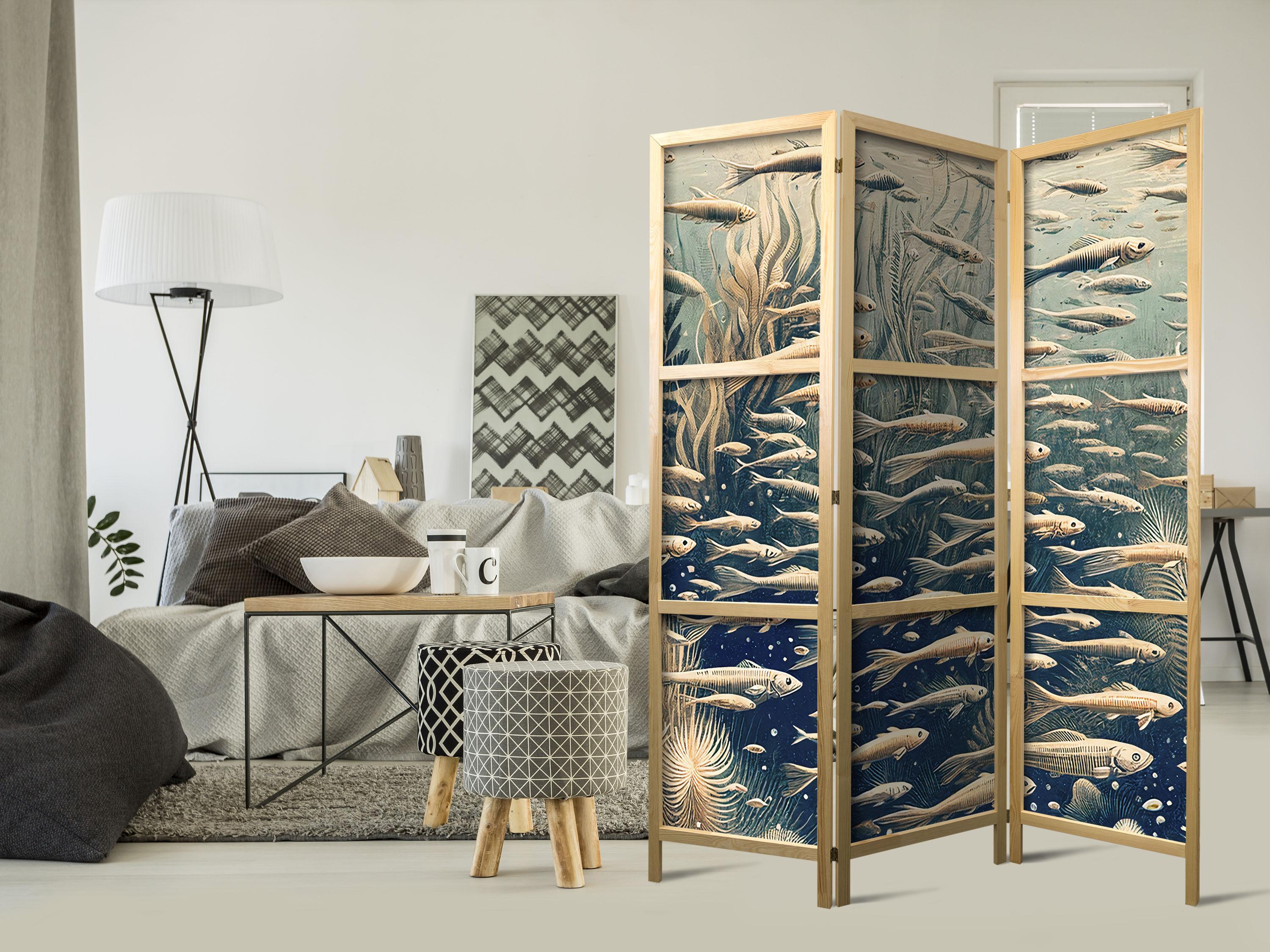 Japansk skærmvæg med fiskemotiv - 3-panels rumdeler 135 x 172 cm billede