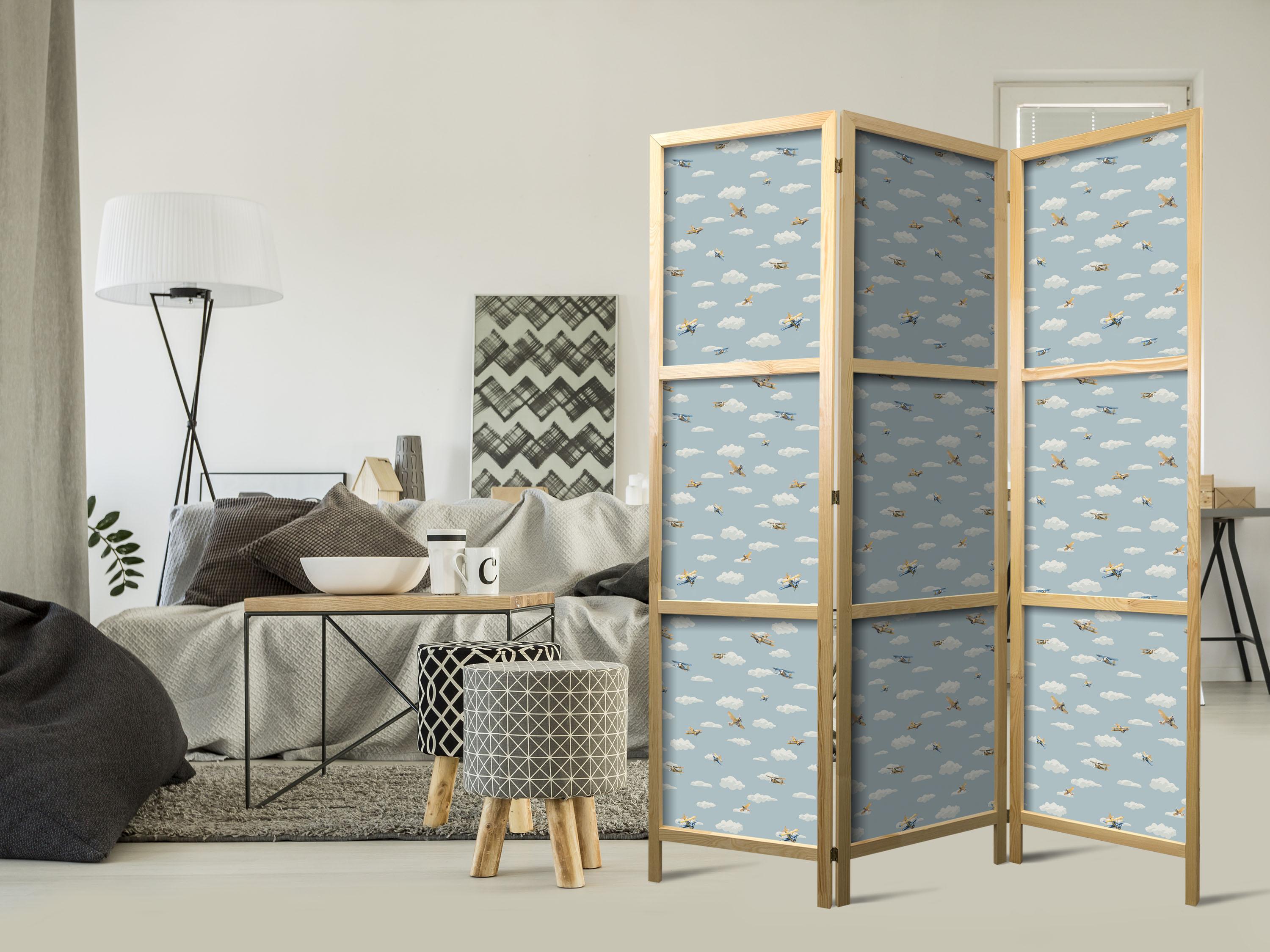 Japansk skærmvæg med gule og blå fly - 3-panels rumdeler til børn 135 x 172 cm billede
