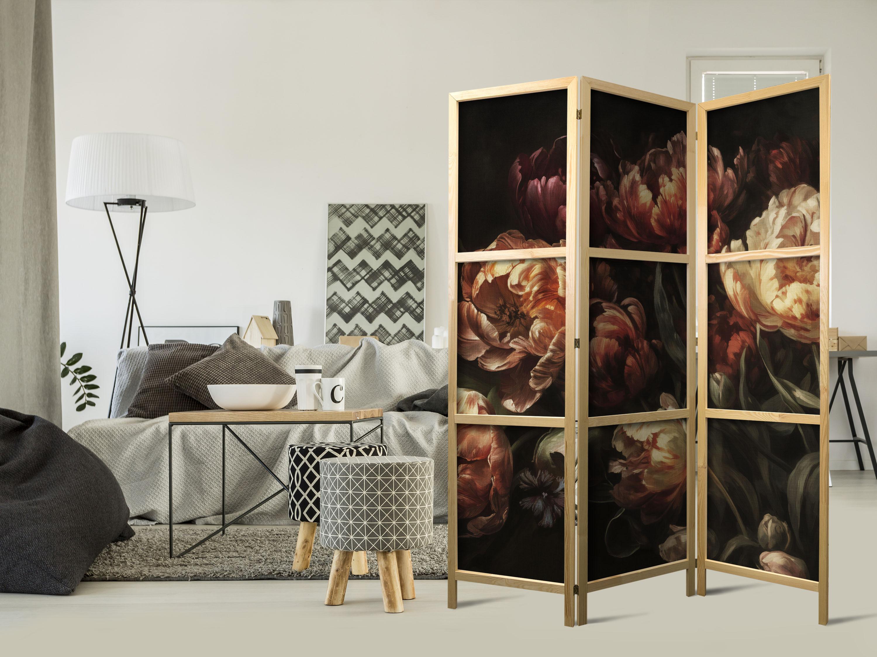 Japansk skærmvæg med blomster - røde og hvide tulipaner på sort baggrund 135 x 172 cm billede