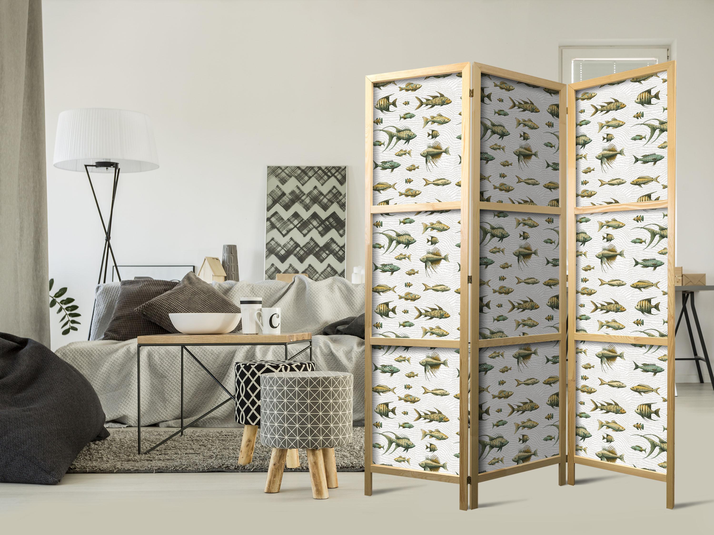 Japansk skærmvæg med fiskemotiv i beige toner 135 x 172 cm billede