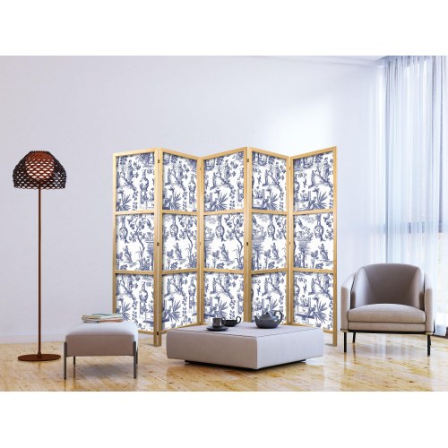 Japansk skærmvæg 5 paneler 225 x 172 cm - Rom og botanik i blåt mønster