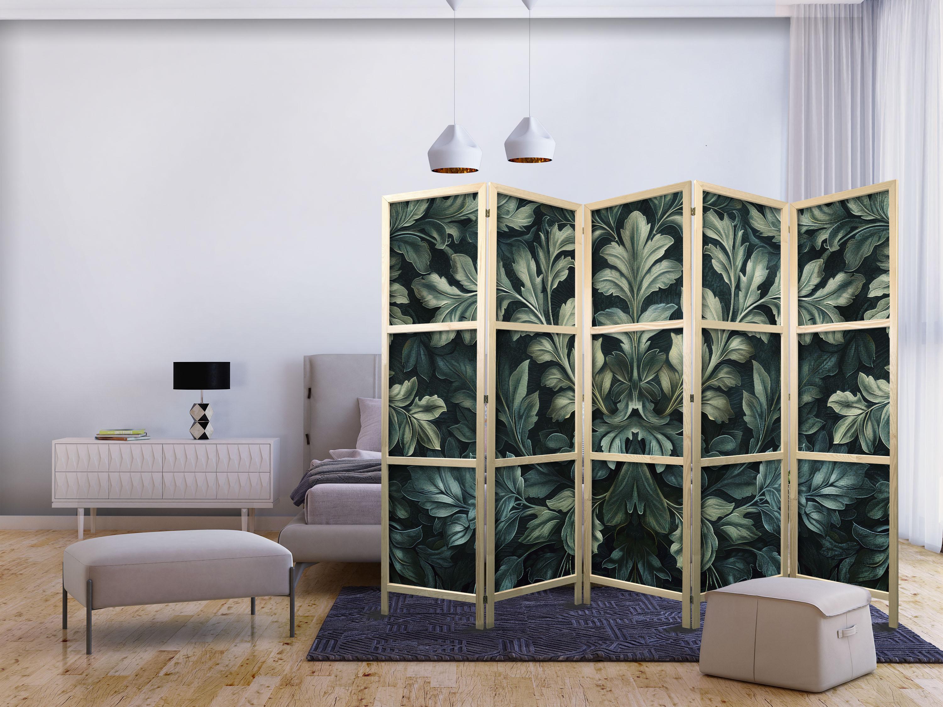 Japansk skærmvæg med botaniske blade i mørkegrøn - 5-panel rumdeler 225 × 172 cm billede
