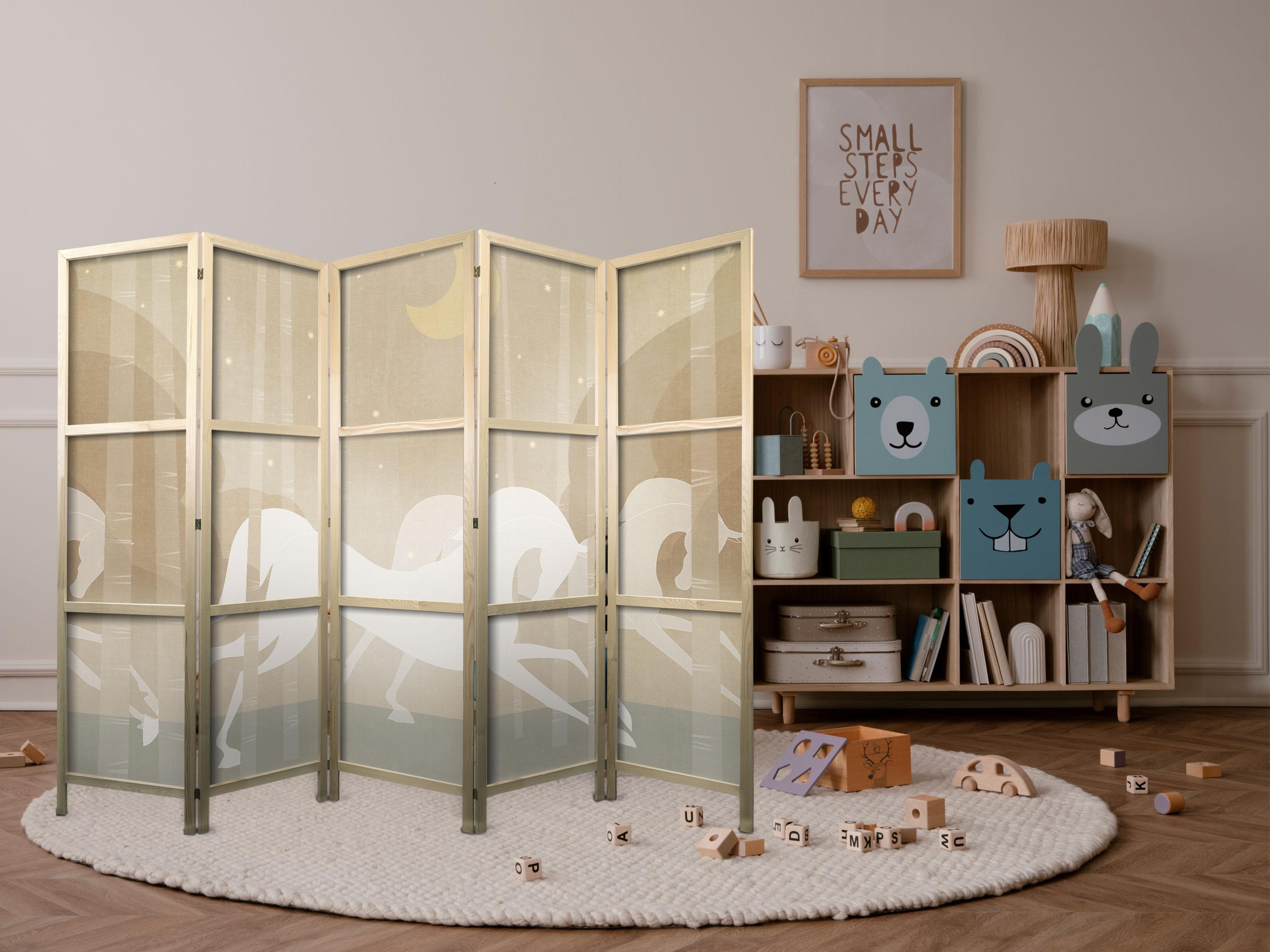 Japansk skærmvæg Månebelyste Heste 225 x 172 cm - 5-panels rumdeler til børn billede
