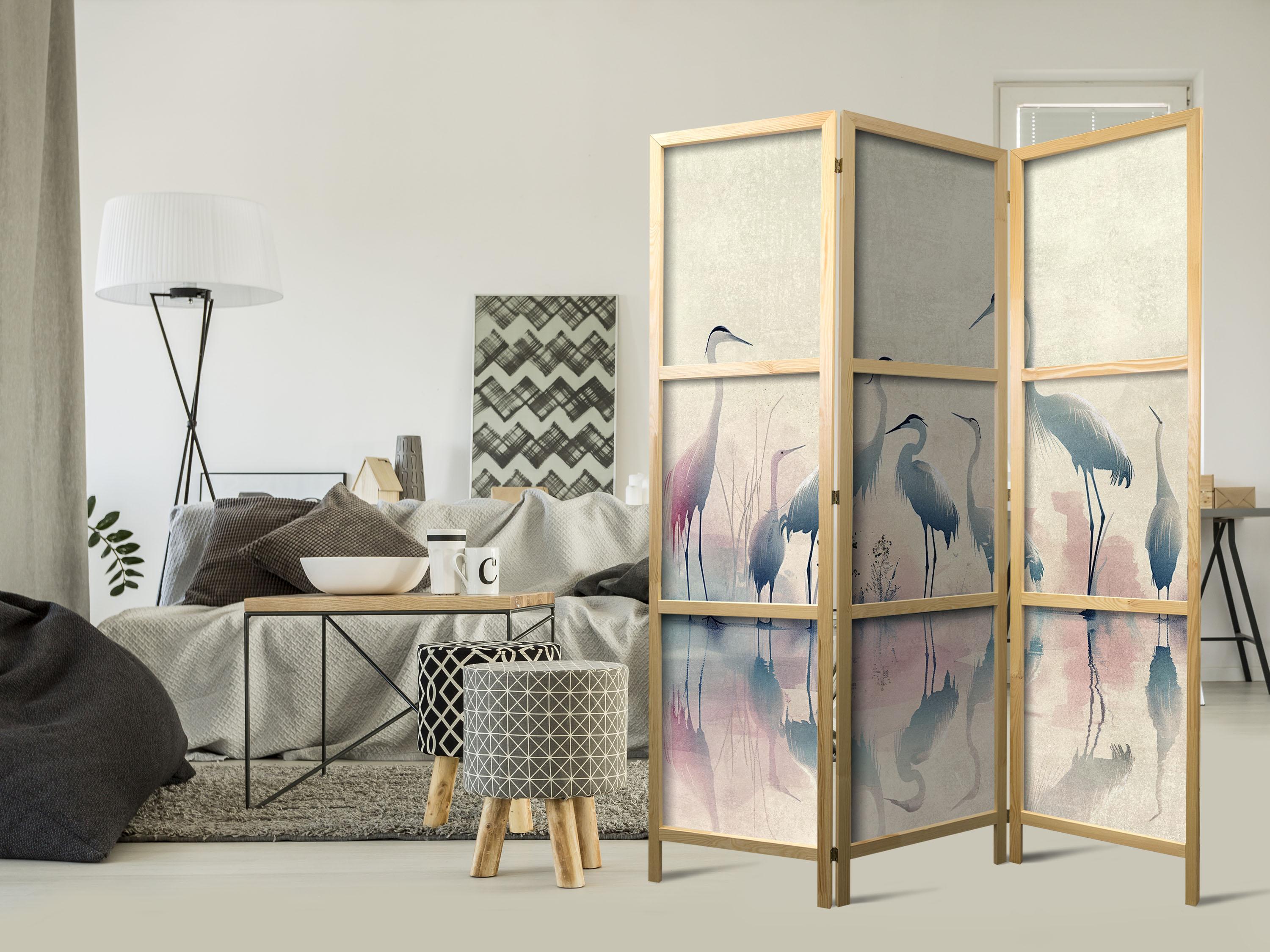 Japansk skærmvæg med hejrer ved søen 135 x 172 cm billede