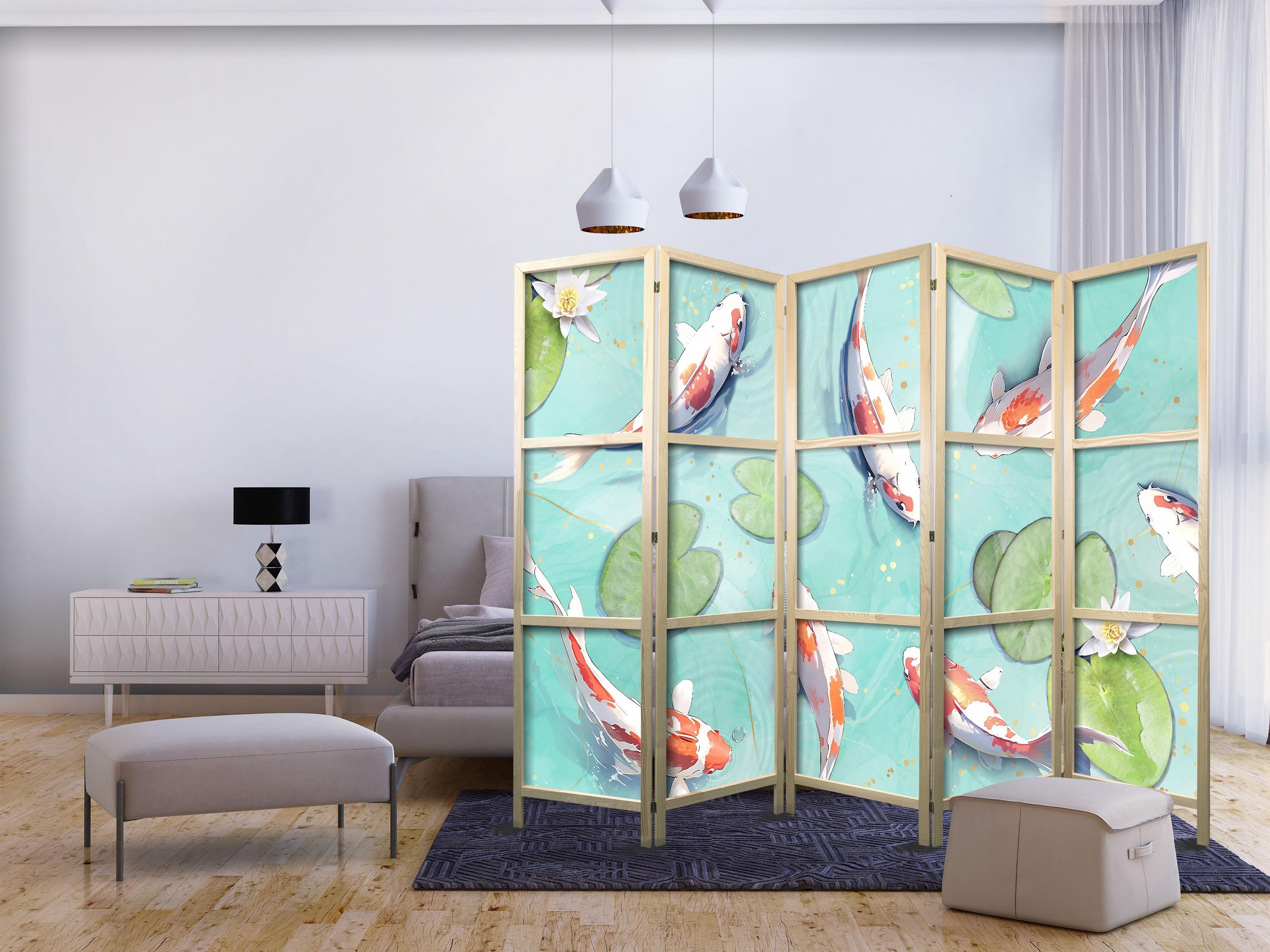 Japansk skærmvæg Spectacular Fish 225 × 172 cm - 5-panels rumdeler med koi-fisk billede