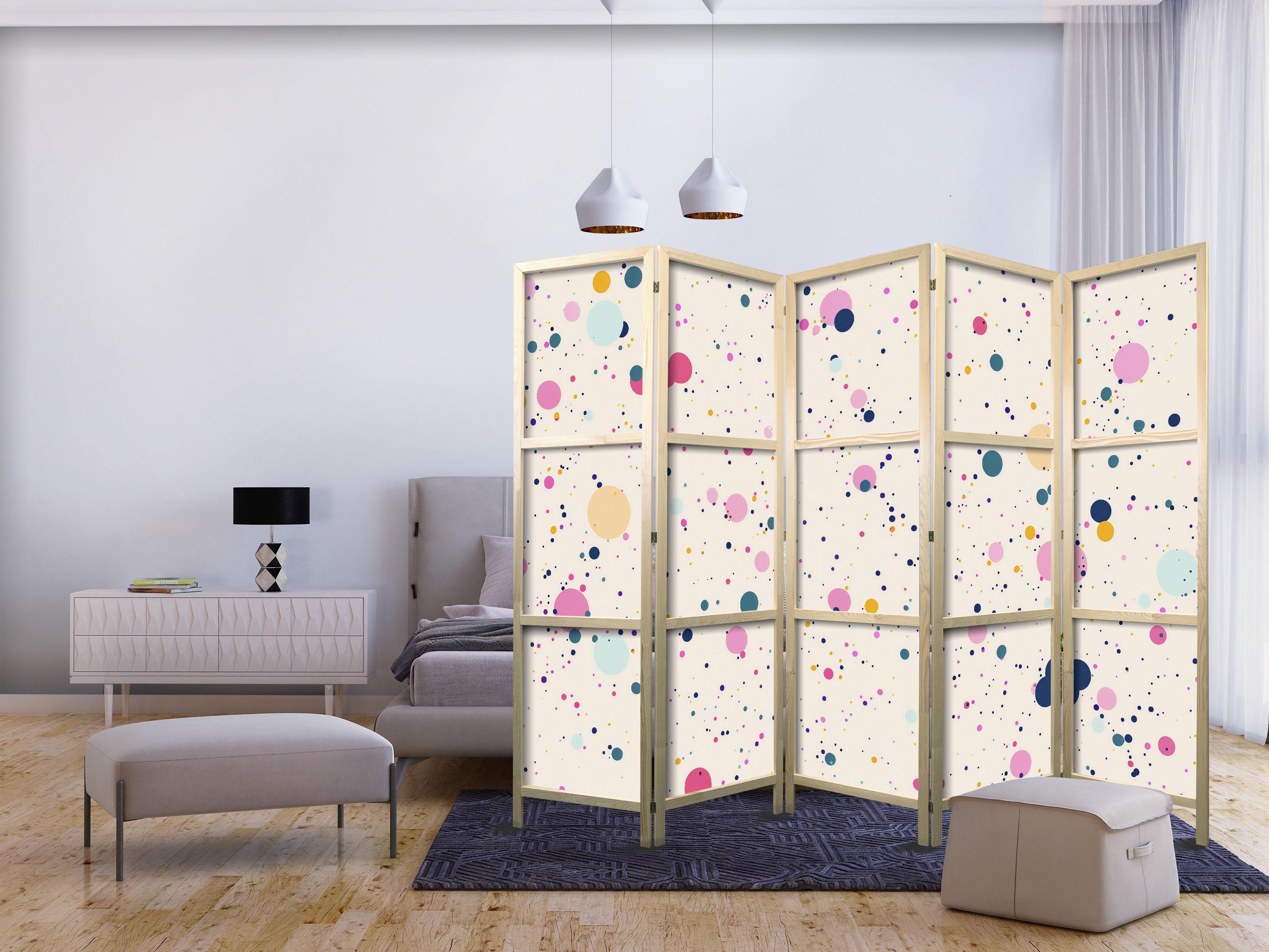 Japansk skærmvæg 5 paneler 225 x 172 cm - Farverige prikker på lyserød baggrund billede
