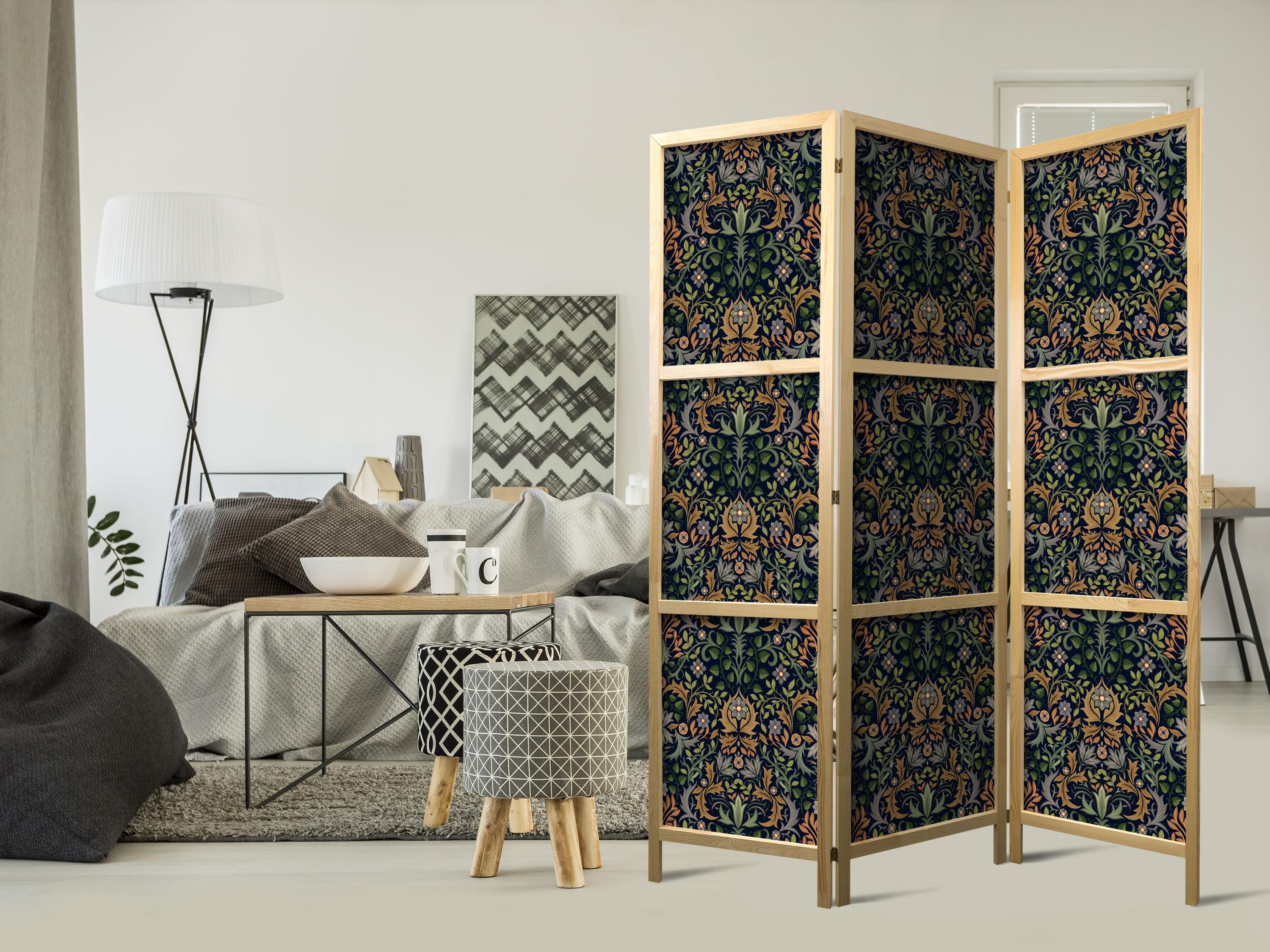 Japansk skærmvæg 135 x 172 cm - barokt blomstermotiv i patineret guld og brune nuancer billede