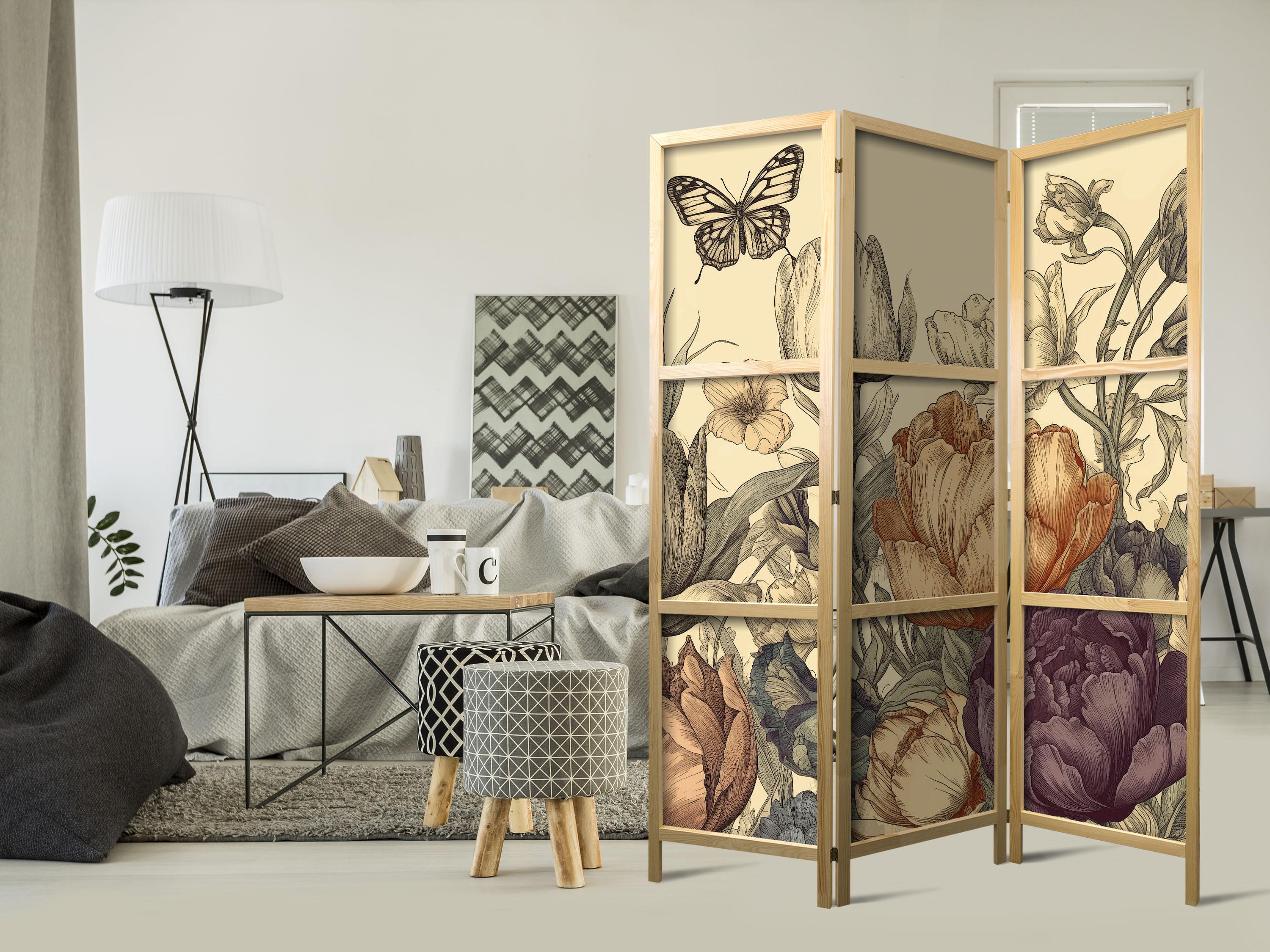 Japansk skærmvæg 3 paneler - Tulipaner i creme 135 x 172 cm billede
