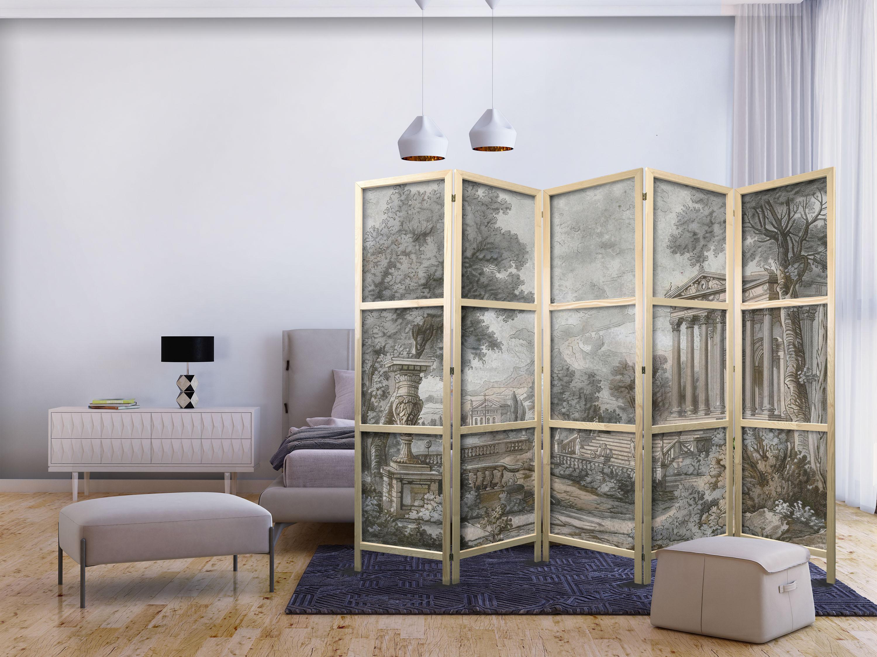 Japansk skærmvæg Antique Landscape - Græsk tempel på en bakke, 5 paneler 225 x 172 cm billede