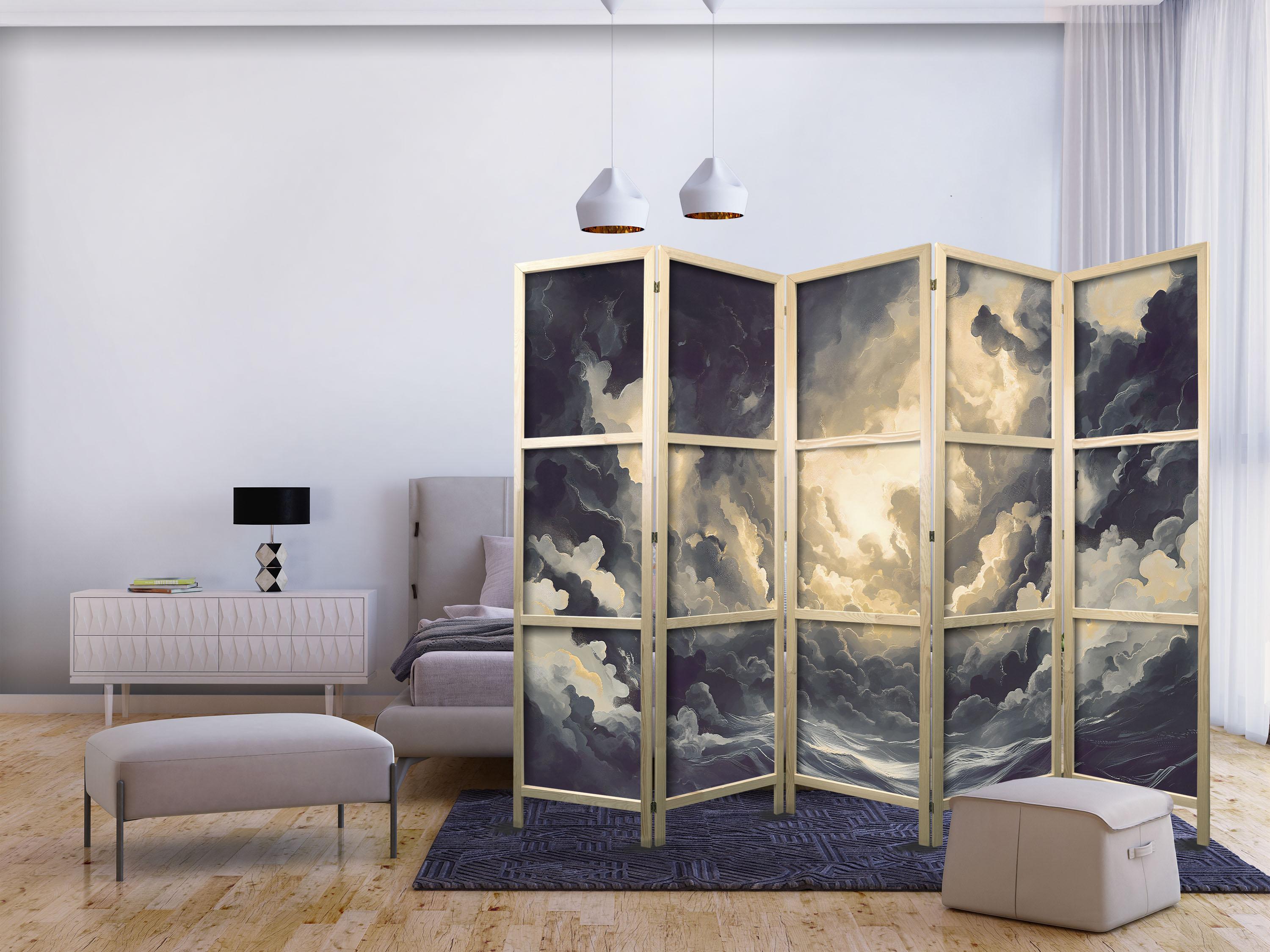 Japansk skærmvæg med skymotiv 225 x 172 cm - 5 panels rumdeler billede